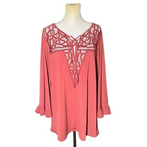 Daytrip Burnt Orange Crochet Lace Boho Blouse Bell Sleeve Tie Neck Top